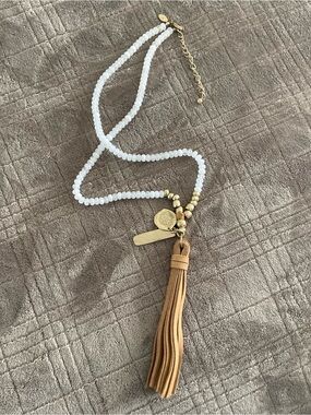 Chico’s White Beaded Necklace with Tan Leather Tassel - solid beautiful beads